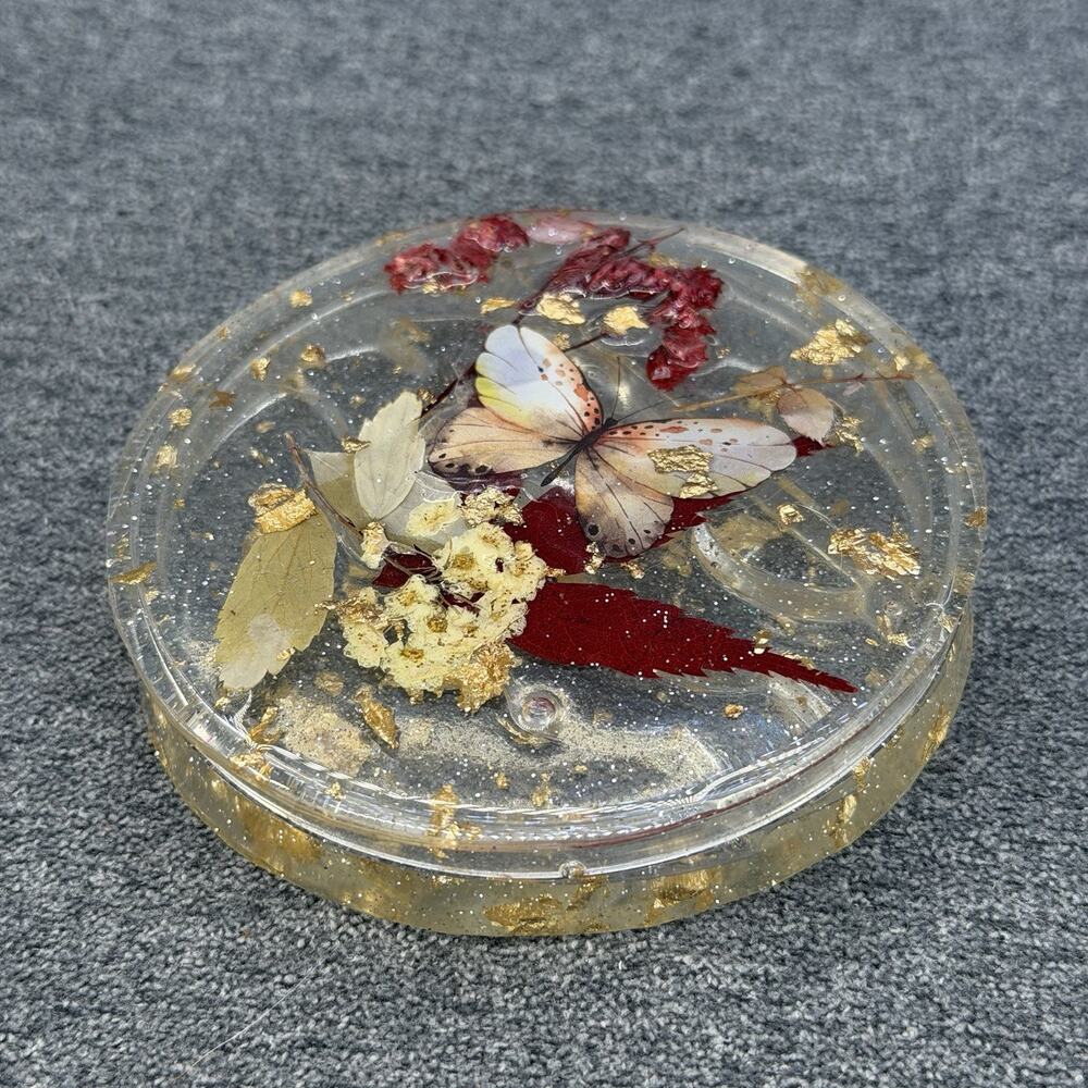 Handmade Eyelash Case Holder Storage Vanity Tray Raised Floral Butterfly Gold 4"